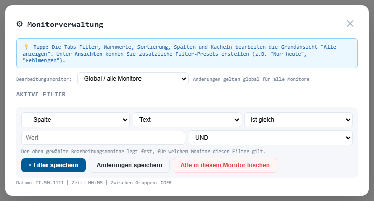 Filter-Reiter in Monitorverwaltung